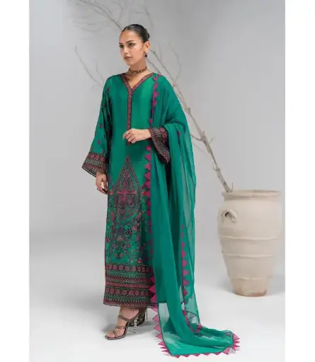 Shamoze Silk Digital Print Shirt & Sleeves With Simple Shamoze Silk Trouser Along With Silk Tye N Dye Dupatta 3Pcs