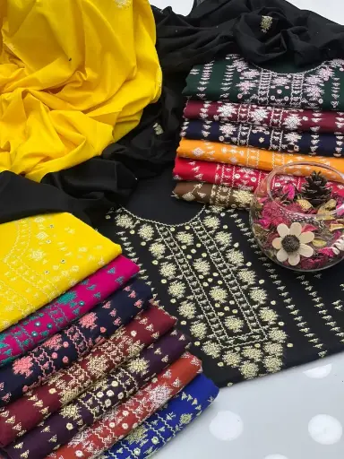 Lawn Handamde Banarsi Work Gala & Kalyan Kurta Style Shirt With Plain Lawn Trouser Along With Lawn Banarsi Work Dupatta 3 Pcs Dress